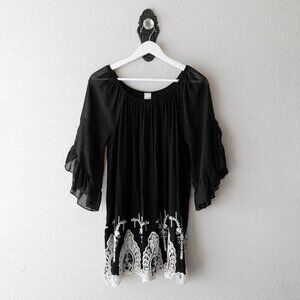 Lilypad Tunic Women’s Size Large Black SemiSheer Embroidered Boho Made in USA